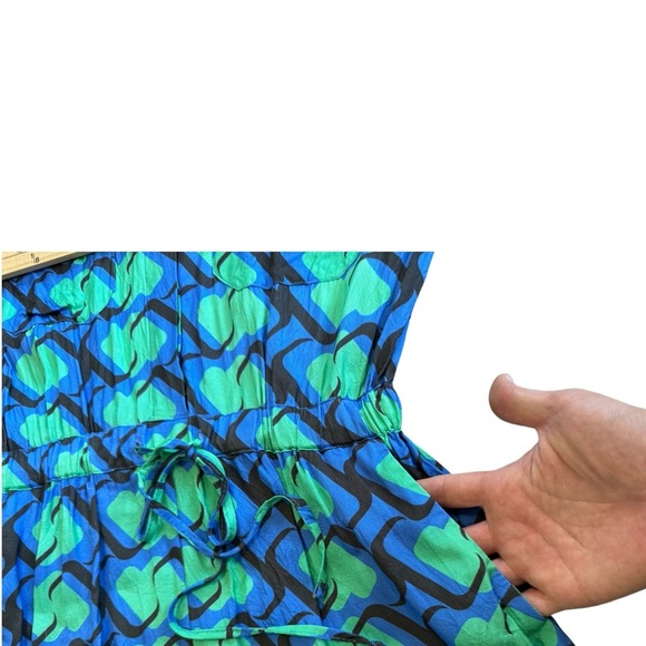 adL Blue, Green, Black Patterned Jumpsuit Romper with Cinched Waist and Collar. - Picture 7 of 8